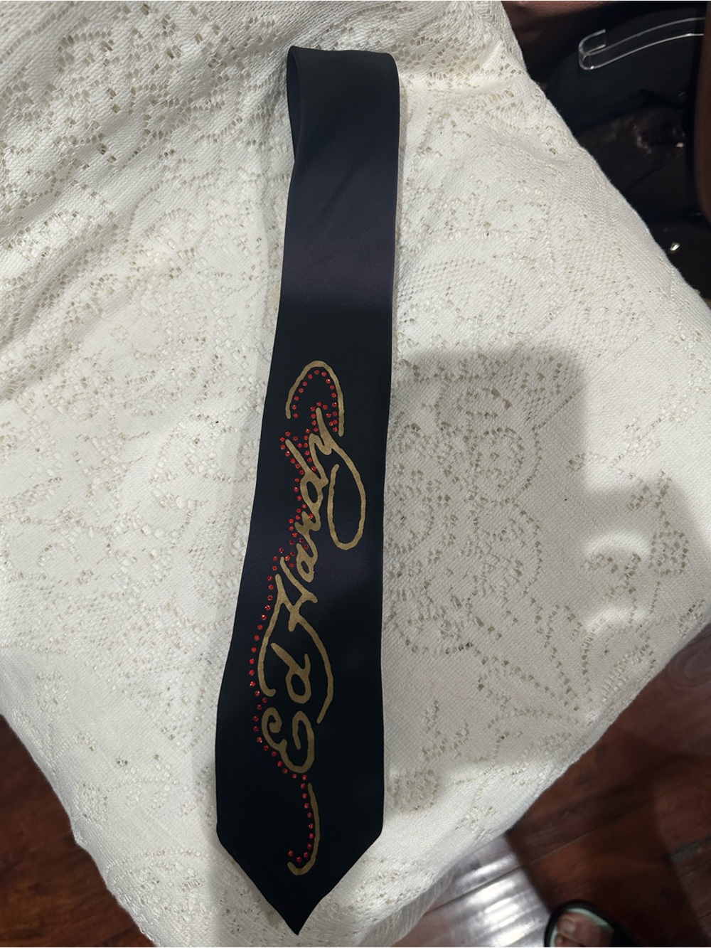 Ed Hardy  Black Tie with Gold Script and Red Accents